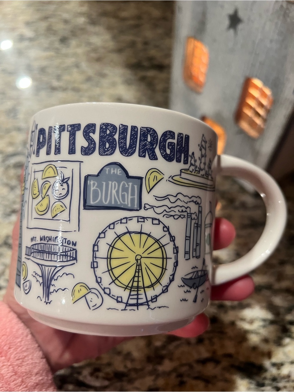 Starbucks Pittsburgh Ceramic Mug in White with Blue & Yellow Illustrations